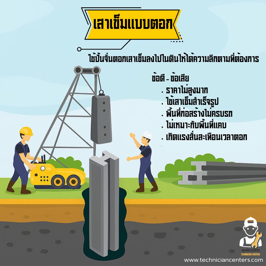 เสาเข็มแบบตอก ใช้ปั้นจั่นตอกเสาเข็มลงไปในดินให้ได้ความลึกตามที่ต้องการ